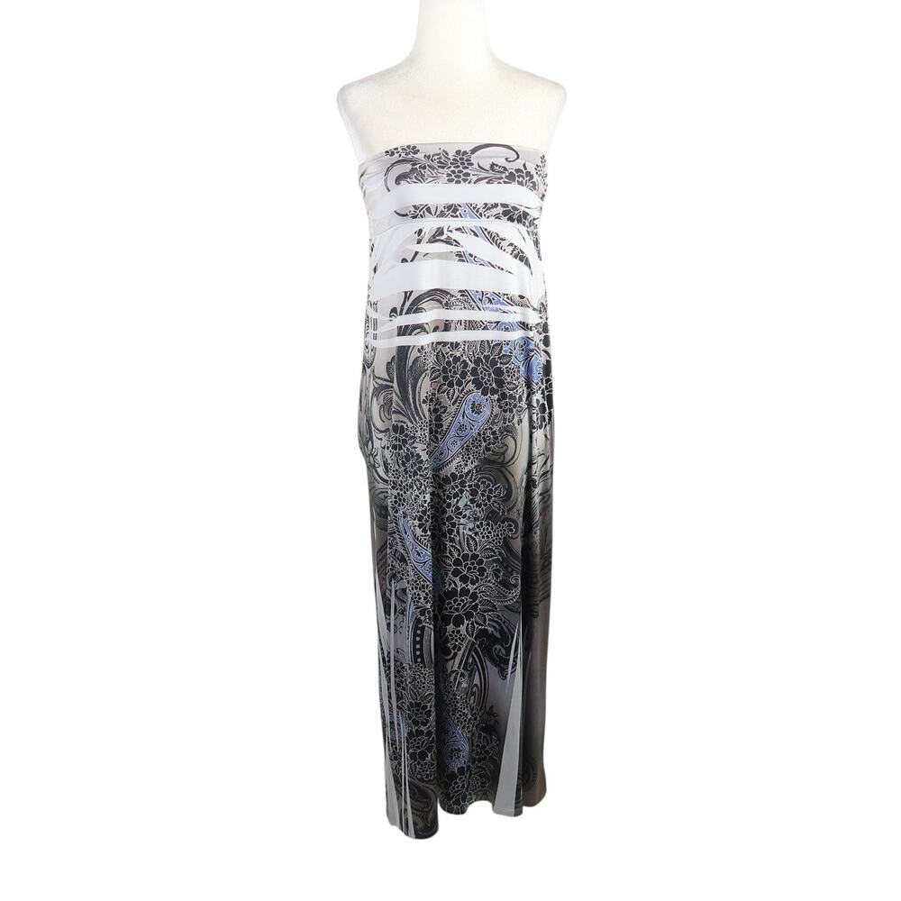 Vintage Y2K MiSomiso Grey and Black Floral Mandala Strapless Midi Dress M